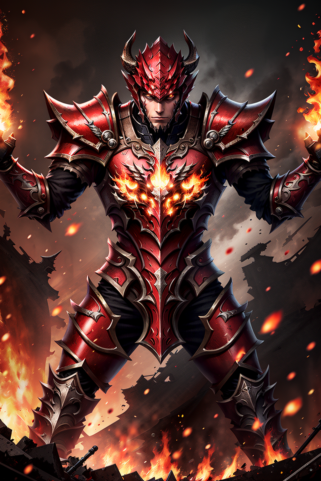 02109-1014424965-armor, solo, 1boy,  red, ,(emotional body movements_1.5),(beautiful eyes, bright visuals), 4k, game cg, The battlefield backgrou.png